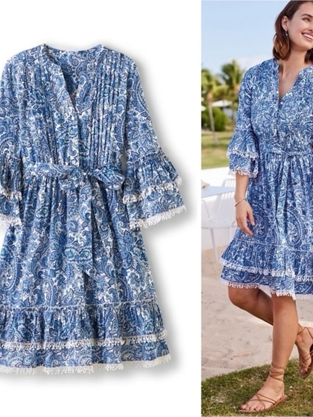 Soft Surroundings Adeline Short Dress Blue Paisley Ruffle Sleeve, size 2X plus